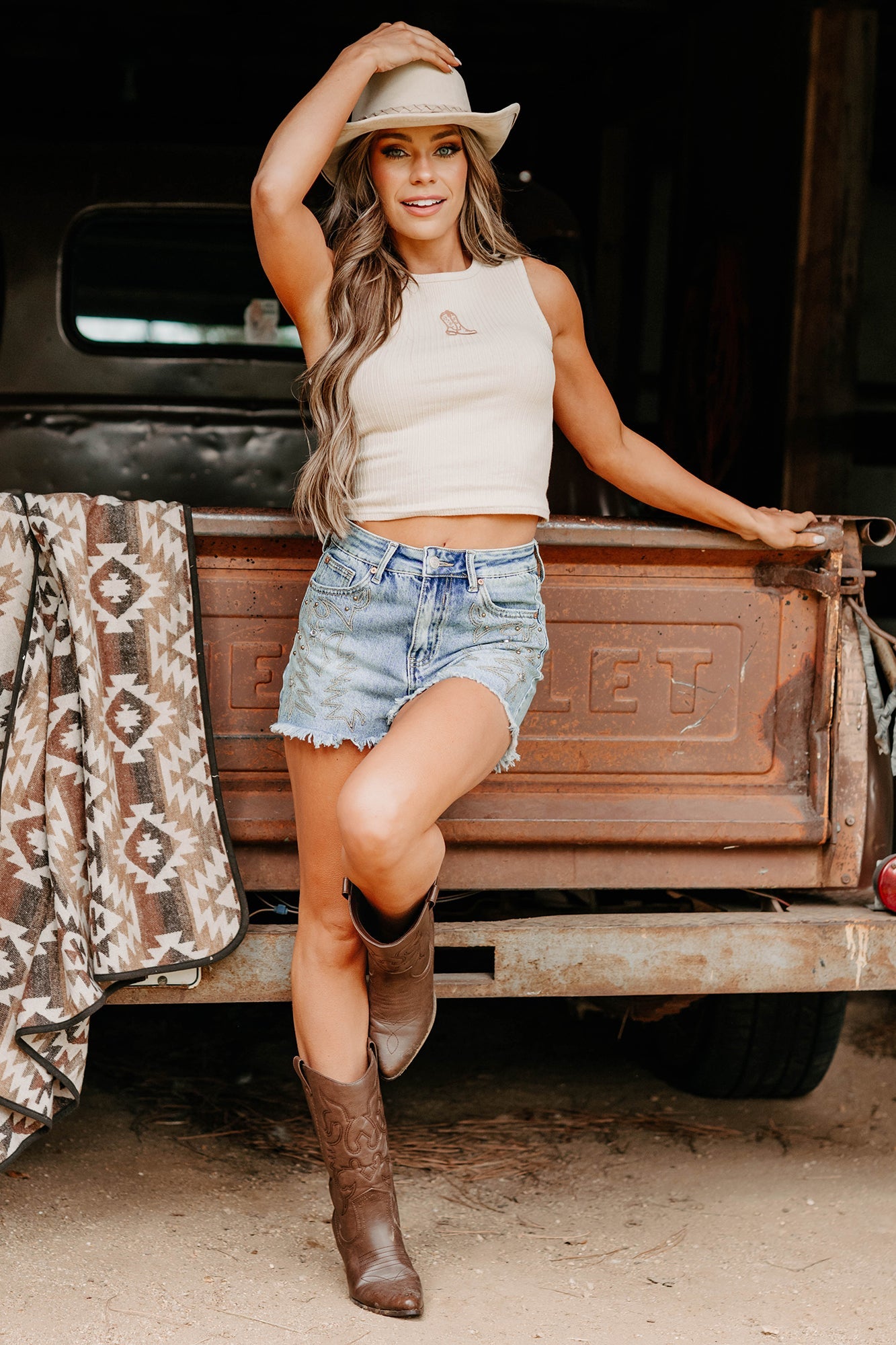 Somewhere Still Boot Embroidered Tank Top (Taupe)