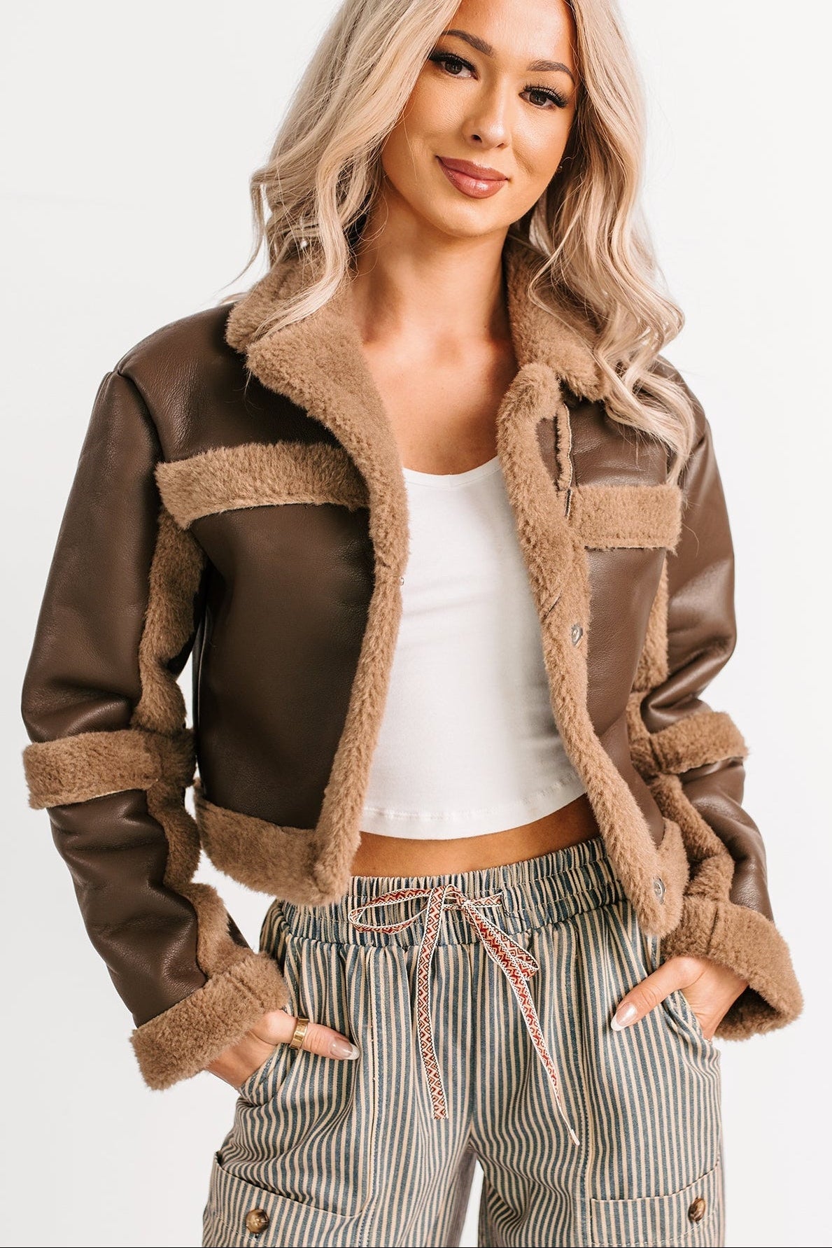 She's Fire Faux Leather Fur Trim Crop Jacket (Chocolate)