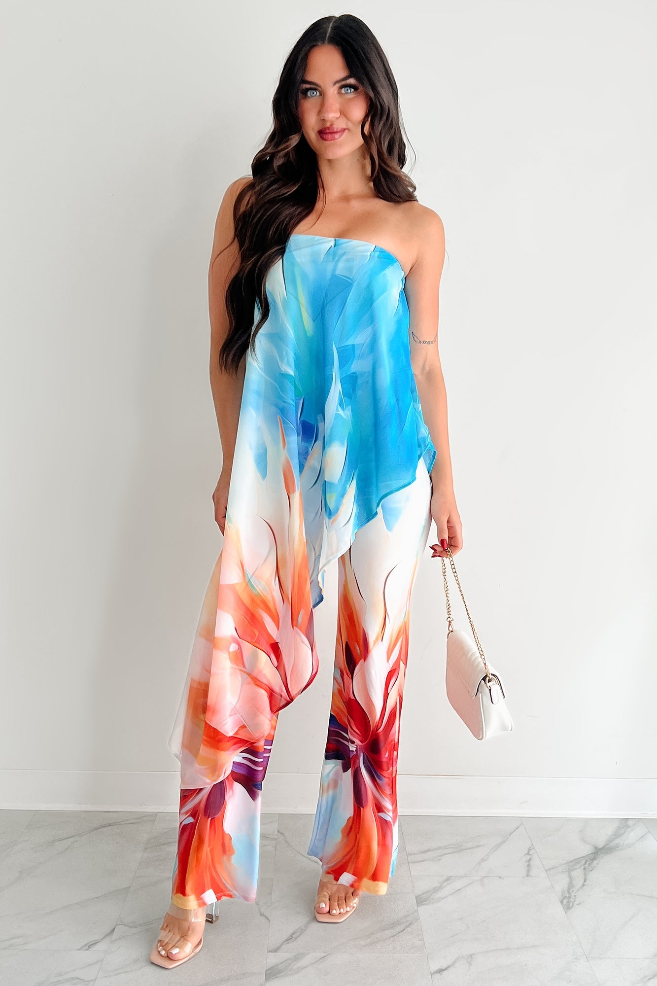 Wander Wildly Strapless Flowy Jumpsuit (Blue/Multi)