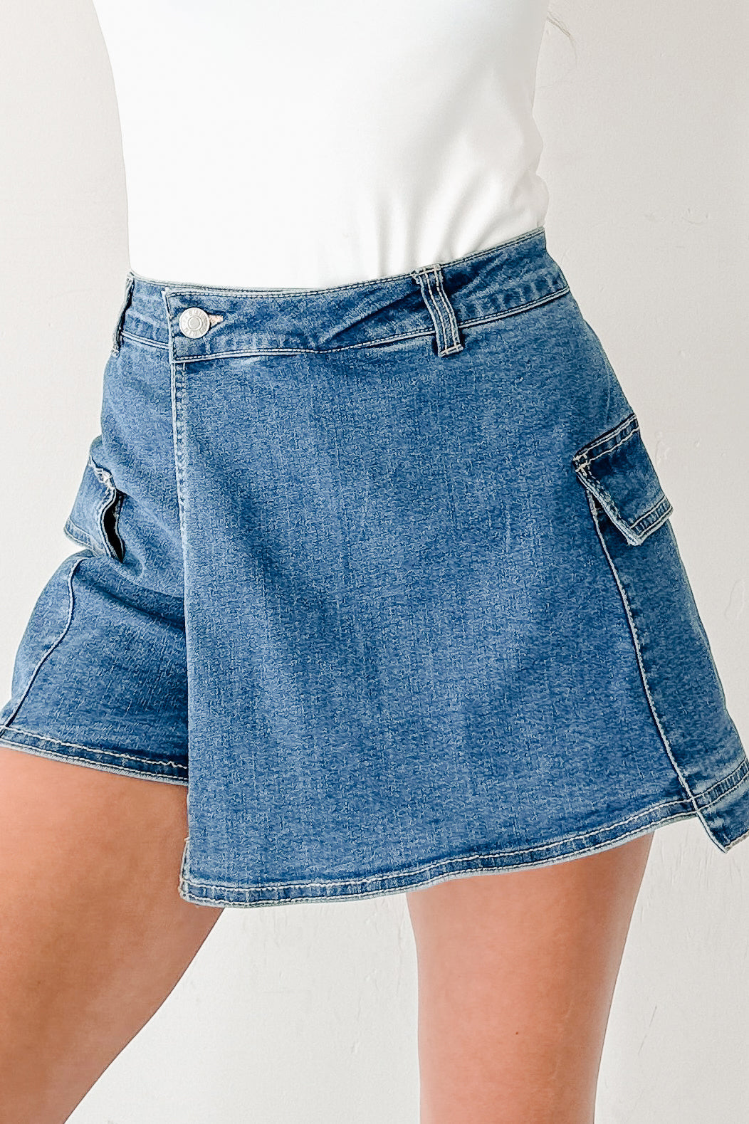 Wait For Me Cargo Denim Wrap Skort (Blue)